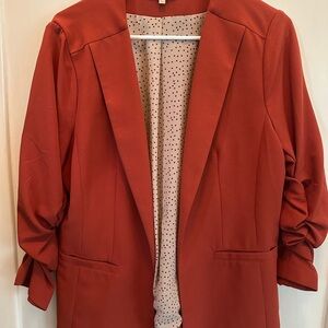 Skies Are Blue Rust Open-Front Ruched-Sleeve Blazer